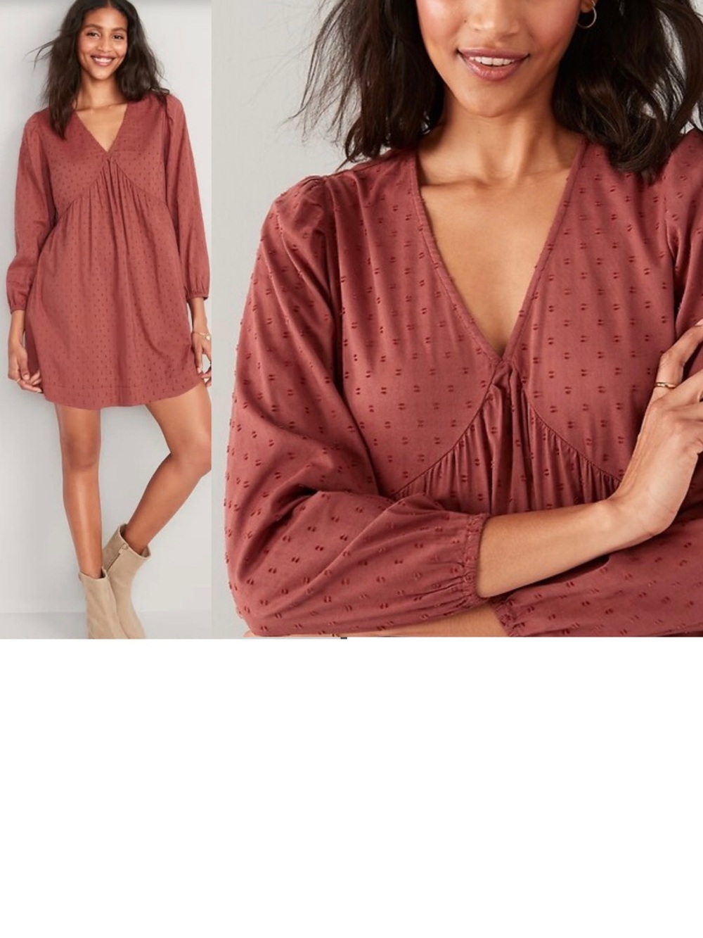 Old Navy Pouf Sleeve Clip-Dot Mini Swing Dress Sz L  Rusty Puff Babydoll POCKETS